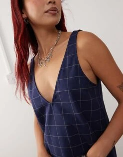 Monki Pinafore Mini Dress In Navy Check Pinstripe For Women -Monki Shop 207022338 3
