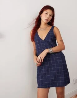 Monki Pinafore Mini Dress In Navy Check Pinstripe For Women -Monki Shop 207022338 4
