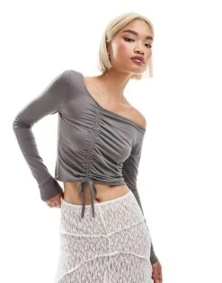 Monki Long Sleeve Cropped Ruched Asymmetric Top In Grey For Women -Monki Shop 207022374 1 grey 1