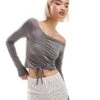 Monki Long Sleeve Cropped Ruched Asymmetric Top In Grey For Women 2 Monki Long Sleeve Cropped Ruched Asymmetric Top In Grey For Women -Monki Shop 207022374 1 grey