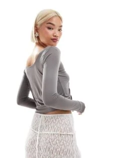 Monki Long Sleeve Cropped Ruched Asymmetric Top In Grey For Women -Monki Shop 207022374 4