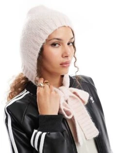 Monki Knitted Bonnet Tie Up Balaclava In Light Dusty Pink For Women -Monki Shop 207022384 3