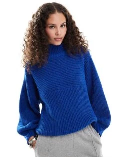 Monki Libby High Neck Knitted Rib Jumper In Blue For Women