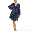 Monki Long Sleeve Mini Dress In Blue And Black Multi Print For Women
