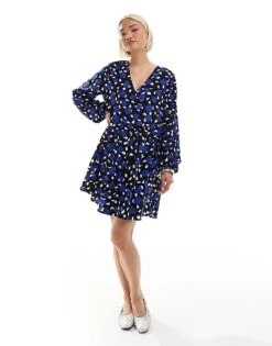 Monki Long Sleeve Mini Dress In Blue And Black Multi Print For Women