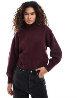 Monki Knitted Turtleneck Sweater In Burgundy For Women