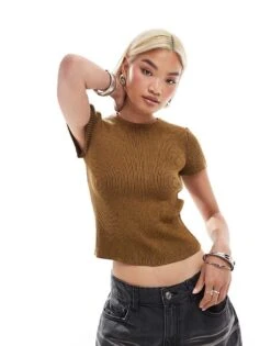 Monki Short Sleeve Knitted Top In Brown And Black Stripe For Women