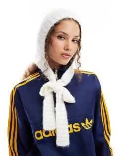 Monki Knitted Bonnet Tie Up Balaclava Hood In Off White For Women