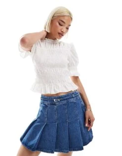 Monki Short Sleeve Shirred Top In White For Women -Monki Shop 207022567 1 white 1