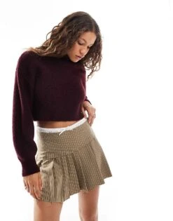 Monki Cropped High Neck Jumper In Burgundy For Women