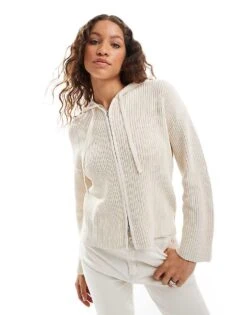 Monki Knitted Rib Hoodie Zip Up Cardigan In Light Beige For Women -Monki Shop 207022602 1 lightbeige 1