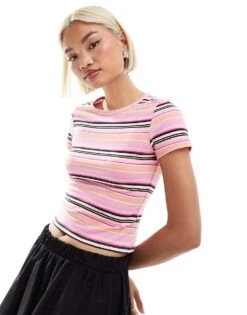 Monki Shrunken T-shirt In Pink Multi Stripe For Women -Monki Shop 207022611 1 pinkmulti 1