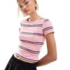 Monki Shrunken T-shirt In Pink Multi Stripe For Women -Monki Shop 207022611 1 pinkmulti