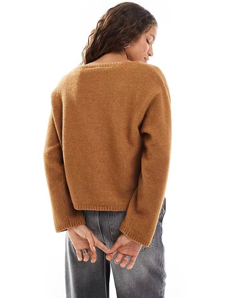 Monki Knitted Top With Off Shoulder Boat Neck In Brown Melange For Women 5 Monki Knitted Top With Off Shoulder Boat Neck In Brown Melange For Women - Image 3