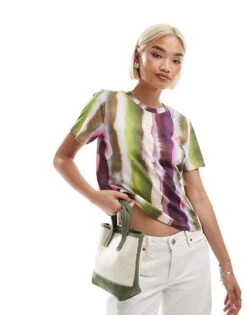 Monki Short Sleeve T-shirt In Multi Stripe For Women -Monki Shop 207022632 1 stripe 1