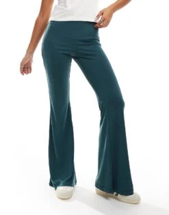 Monki Super Soft Low Waist Flare Jersey Trousers In Green For Women -Monki Shop 207022640 4