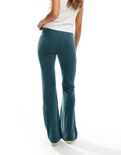 Monki Super Soft Low Waist Flare Jersey Trousers In Green For Women -Monki Shop 207022640 5