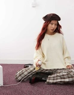 Monki Round Neck Relaxed Knitted Sweater In Cream For Women