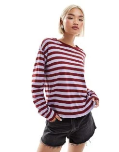 Monki Long Sleeve Top In Red And Purple Stripes For Women