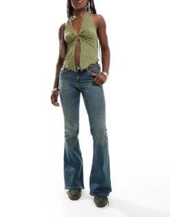 Monki Katsumi Low Waist Boot Cut Flare Jeans In Dark Blue Wash For Women Darkwash Blue -Monki Shop 207022691 3