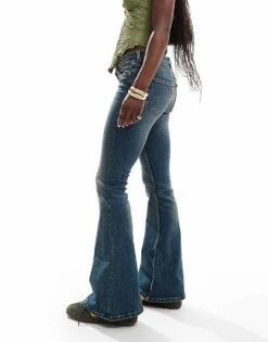 Monki Katsumi Low Waist Boot Cut Flare Jeans In Dark Blue Wash For Women Darkwash Blue -Monki Shop 207022691 5