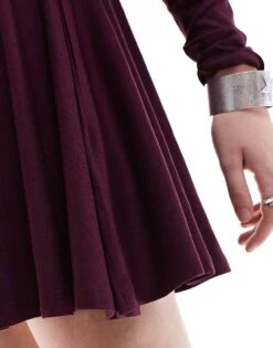 Monki Long Sleeve Mini Skater Dress In Burgundy For Women -Monki Shop 207022707 3