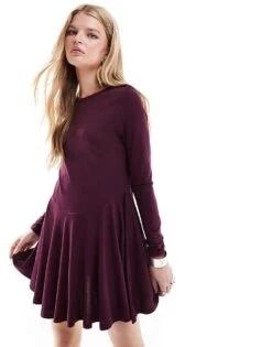 Monki Long Sleeve Mini Skater Dress In Burgundy For Women -Monki Shop 207022707 4