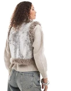 Monki Faux Fur Aviator Gilet With Shearling Trims In Distressed Silver For Women -Monki Shop 207067382 1 silver 1