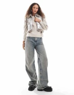 Monki Faux Fur Aviator Gilet With Shearling Trims In Distressed Silver For Women -Monki Shop 207067382 3