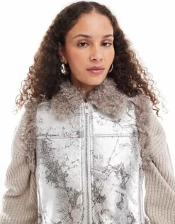 Monki Faux Fur Aviator Gilet With Shearling Trims In Distressed Silver For Women -Monki Shop 207067382 4
