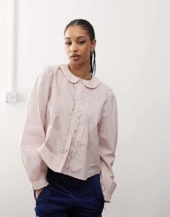 Monki Long Sleeve Frill Collared Shirt Blouse In Light Dusty Pink For Women