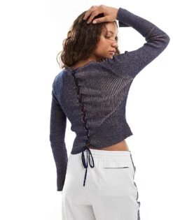 Monki Long Sleeve Knitted Twist Yarn Top In Navy For Women -Monki Shop 207067410 1 navy 1