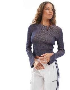 Monki Long Sleeve Knitted Twist Yarn Top In Navy For Women -Monki Shop 207067410 3