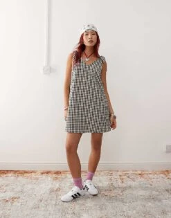 Monki Seersucker Bow Tie Strap Mini Dress With Side Pockets In Black And White Gingham For Women -Monki Shop 207067419 1 blackandwhite 1