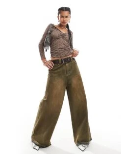 Monki Jersey Long Sleeve Top With Ruche V Front In Snake Print For Women Dark Brown