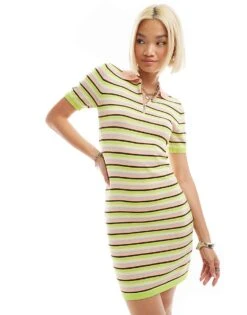 Monki Short Sleeve Midi Polo Knit Tennis Dress In Multi Stripe For Women
