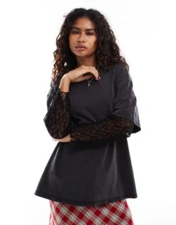 Monki Oversized T-shirt In Washed Black With Lace Sleeve Detail For Women -Monki Shop 207067464 1 washedblack 1