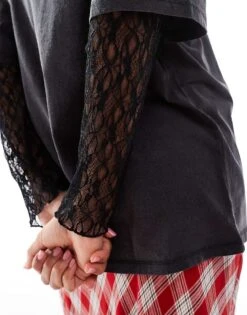 Monki Oversized T-shirt In Washed Black With Lace Sleeve Detail For Women -Monki Shop 207067464 2