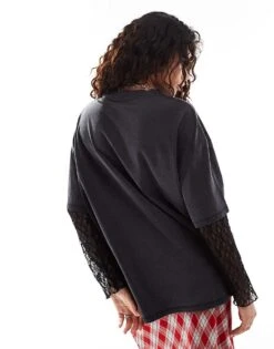 Monki Oversized T-shirt In Washed Black With Lace Sleeve Detail For Women -Monki Shop 207067464 4