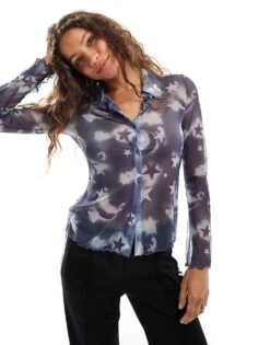 Monki Long Sleeve Sheer Collar Shirt In Blue Star Print For Women -Monki Shop 207067473 1 bluestarprint 1