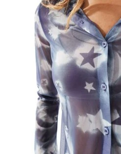 Monki Long Sleeve Sheer Collar Shirt In Blue Star Print For Women -Monki Shop 207067473 4