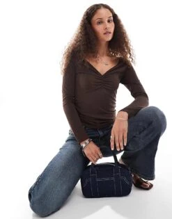 Monki Jersey Long Sleeve Top With Ruche V Front In Dark Brown For Women