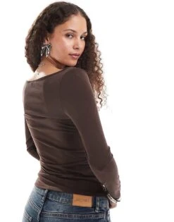 Monki Jersey Long Sleeve Top With Ruche V Front In Dark Brown For Women -Monki Shop 207067500 3