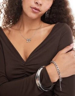 Monki Jersey Long Sleeve Top With Ruche V Front In Dark Brown For Women -Monki Shop 207067500 4