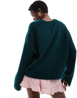 Monki Round Neck Relaxed Knitted Jumper In Dark Forest Green For Women Dark Green -Monki Shop 207123714 3