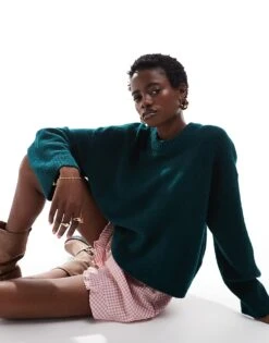 Monki Round Neck Relaxed Knitted Jumper In Dark Forest Green For Women Dark Green -Monki Shop 207123714 4