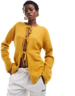Monki Knit Bow Tie Up Cardigan In Yellow Melange For Women -Monki Shop 207123730 1 yellowmelange 1