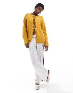 Monki Knit Bow Tie Up Cardigan In Yellow Melange For Women -Monki Shop 207123730 3