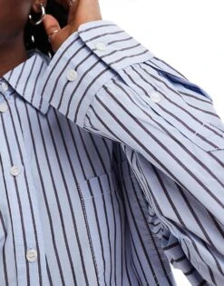 Monki Chuck-on Oversized Shirt In Blue And Burgundy Stripe For Women Multi Stripe -Monki Shop 207123736 3