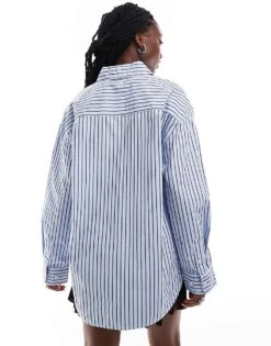 Monki Chuck-on Oversized Shirt In Blue And Burgundy Stripe For Women Multi Stripe -Monki Shop 207123736 4